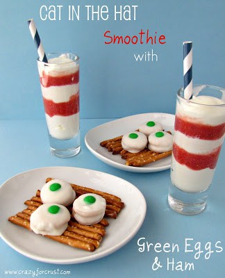 Dr. Seuss' Cat in the Hat Smoothie with Green Eggs & Ham Snack Mix by www.crazyforcrust.com Dr. Seuss Snacks