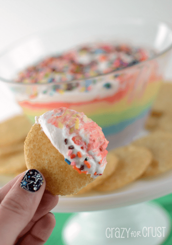 {Skinny} Rainbow Cheesecake Dip with Gold Coin Cookie Dippers by www.crazyforcrust.com | A pretty and delicious #rainbow addition to your #StPatricksDay party! #dip rainbow-cheesecake-dip-4-words