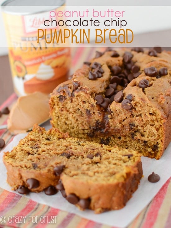 Peanut Butter Pumpkin Bread with chocolate chips | We LOVE this bread and want it every day for breakfast! | crazyforcrust.com | #pumpkin #breakfast