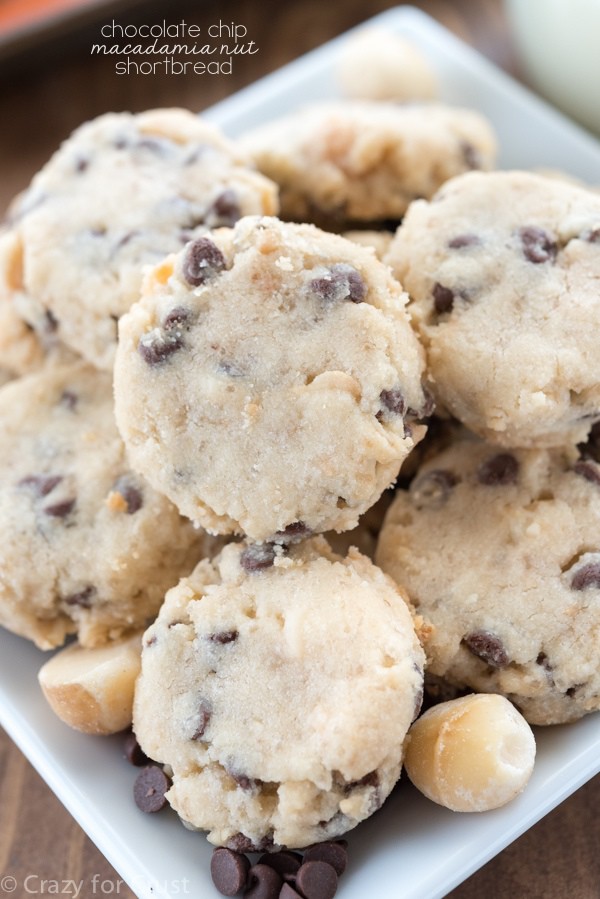 Macadamia Chocolate Chip Shortbread Cookies - the most buttery and soft shortbread cookies! An easy recipe full of chocolate chips!