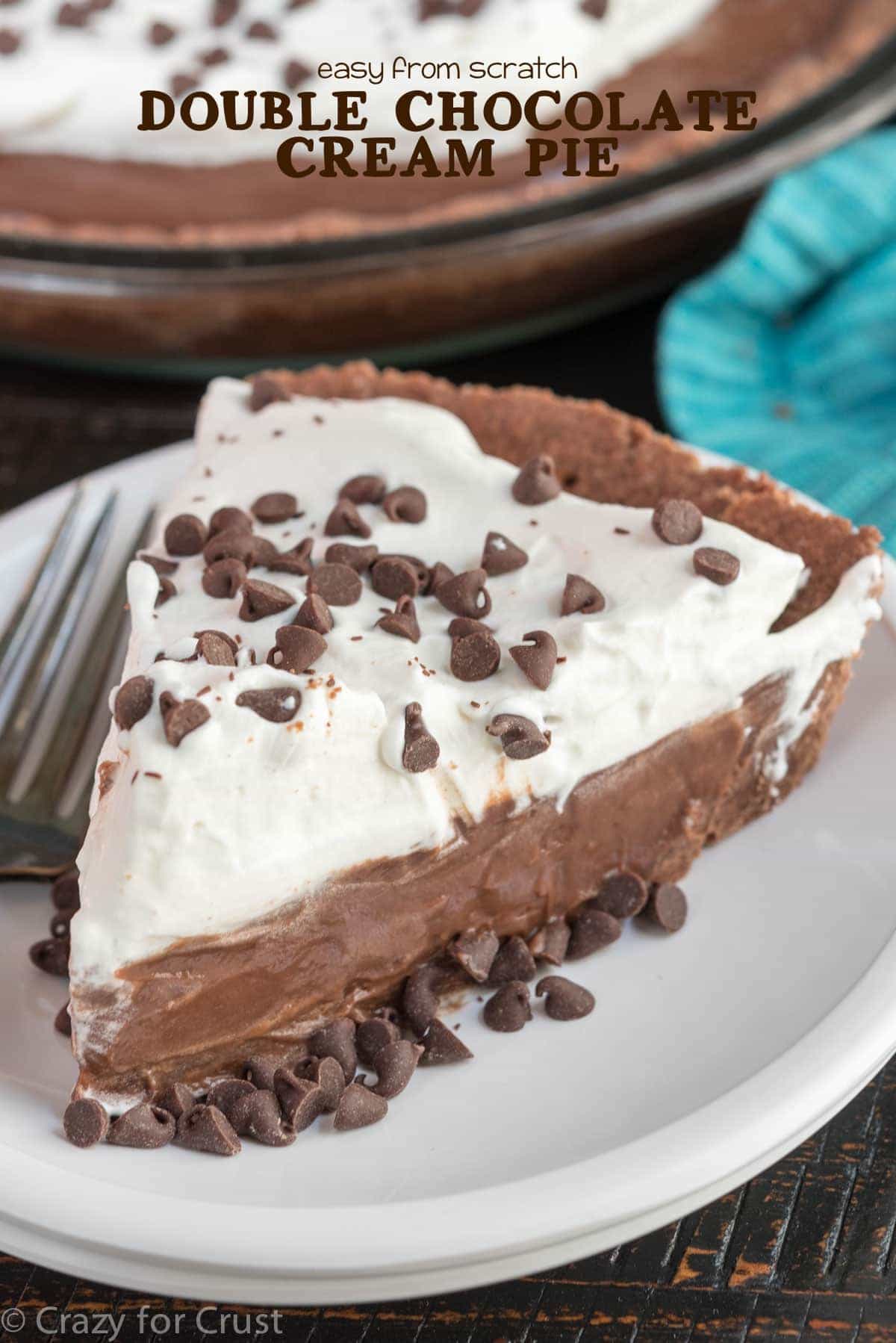 Double Chocolate Cream Pie - this easy pie recipe is completely from scratch! This chocolate cream pie with a chocolate crust is great for any occasion.