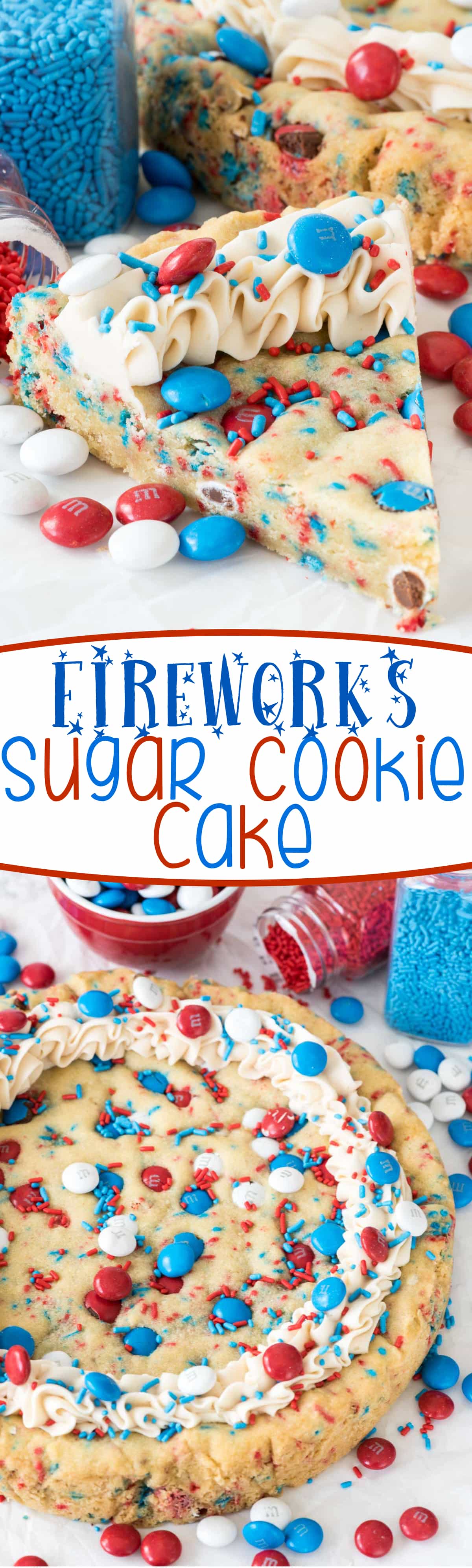 Fireworks Sugar Cookie Cake Recipe - this EASY sugar cookie recipe is made in a cake pan! Such a great dessert for the 4th of July!