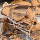 Peanut Butter Toffee Bark - this is the perfect crack bark recipe! Homemade toffee is baked on matzo crackers and topped with lots of chocolate and peanut butter. It's pure heaven and EVERYONE raves about it.