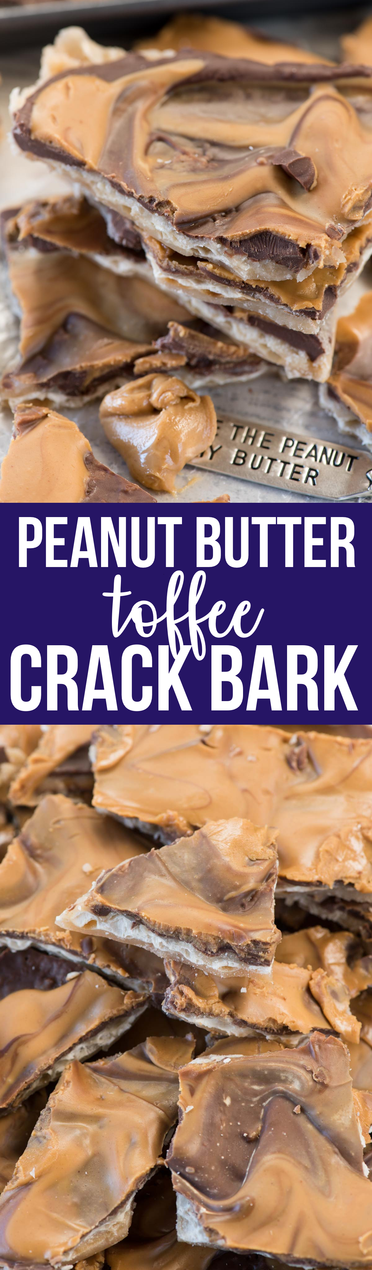 Peanut Butter Toffee Bark - this is the perfect crack bark recipe! Homemade toffee is baked on matzo crackers and topped with lots of chocolate and peanut butter. It's pure heaven and EVERYONE raves about it.
