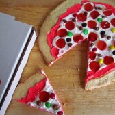 sugar cookie pizza made to look like pizza for April fool's