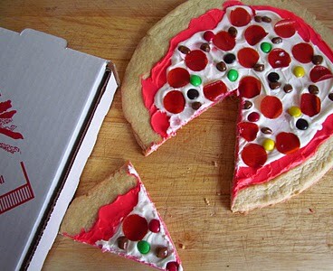 sugar cookie pizza made to look like pizza for April fool's