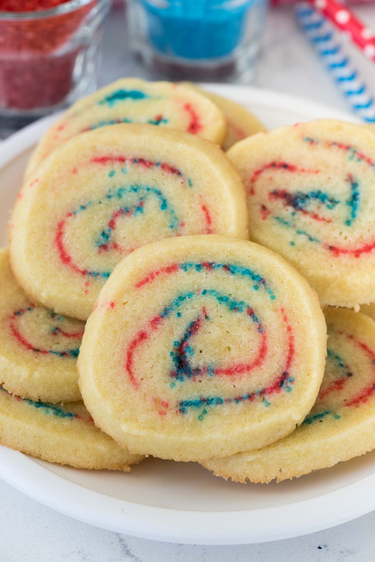 spiral cookies with red and blue sugar