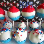 cake pops on sticks and cake balls red white and blue with words on photo