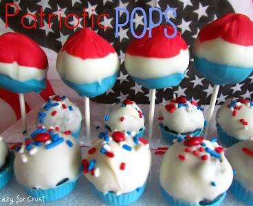 cake pops on sticks and cake balls red white and blue with words on photo