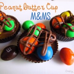 peanut butter cups with MandMs on top and chocolate with words on photo