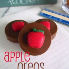 chocolate covered oreos with a chocolate red apple and text on photo