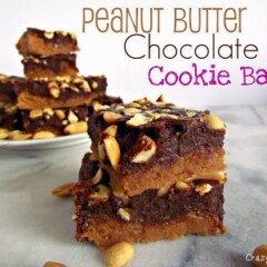 chocolate peanut butter cookie bars with peanuts on marble slab