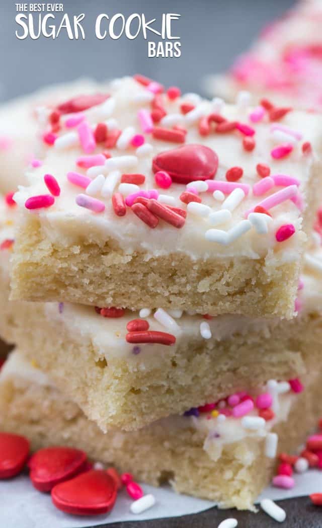stack of Valentine's Day frosted sugar cookie bars