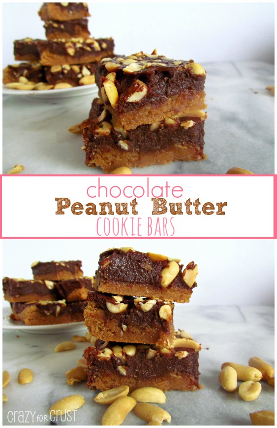 chocolate peanut butter cookie bars collage with peanuts on marble slab