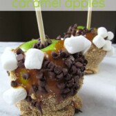 S'more Caramel Apples green apple on a stick with caramel, graham crackers, chocolate chips and marshmallows