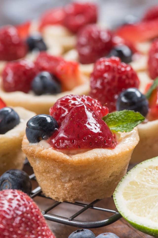 close up of mini fruit tart with fruit