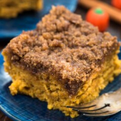 slice of pumpkin coffee cake on blue plate