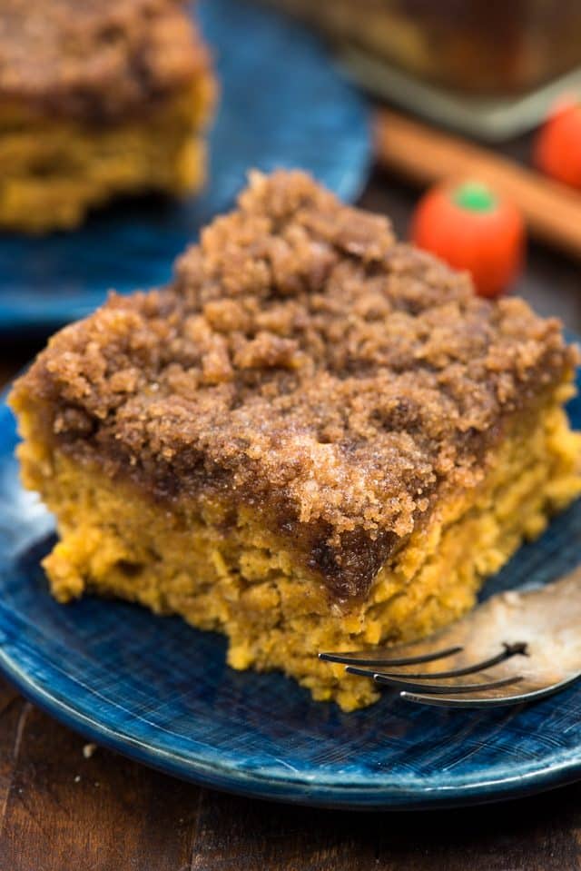 slice of pumpkin coffee cake on blue plate