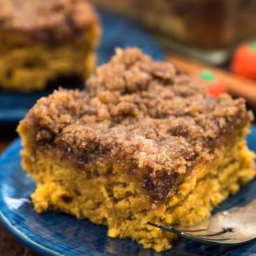 slice of pumpkin coffee cake on blue plate