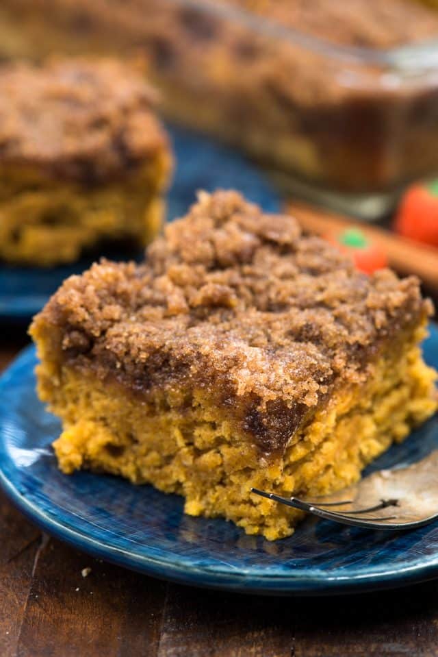 slice of pumpkin coffee cake on blue plate