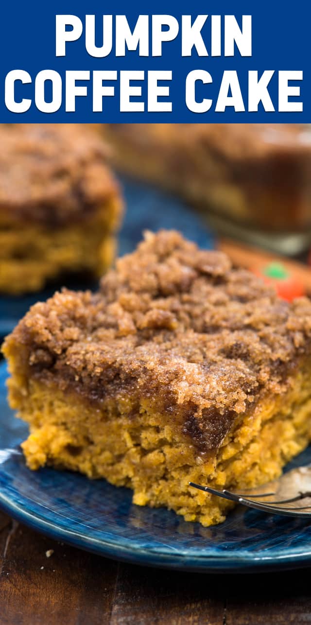 Pumpkin Coffee Cake is my mom's coffee cake made with pumpkin for fall breakfast. It has a thick and crunchy streusel on top! We could not stop eating this pumpkin coffee cake recipe! #pumpkin #coffeecake #fallbaking