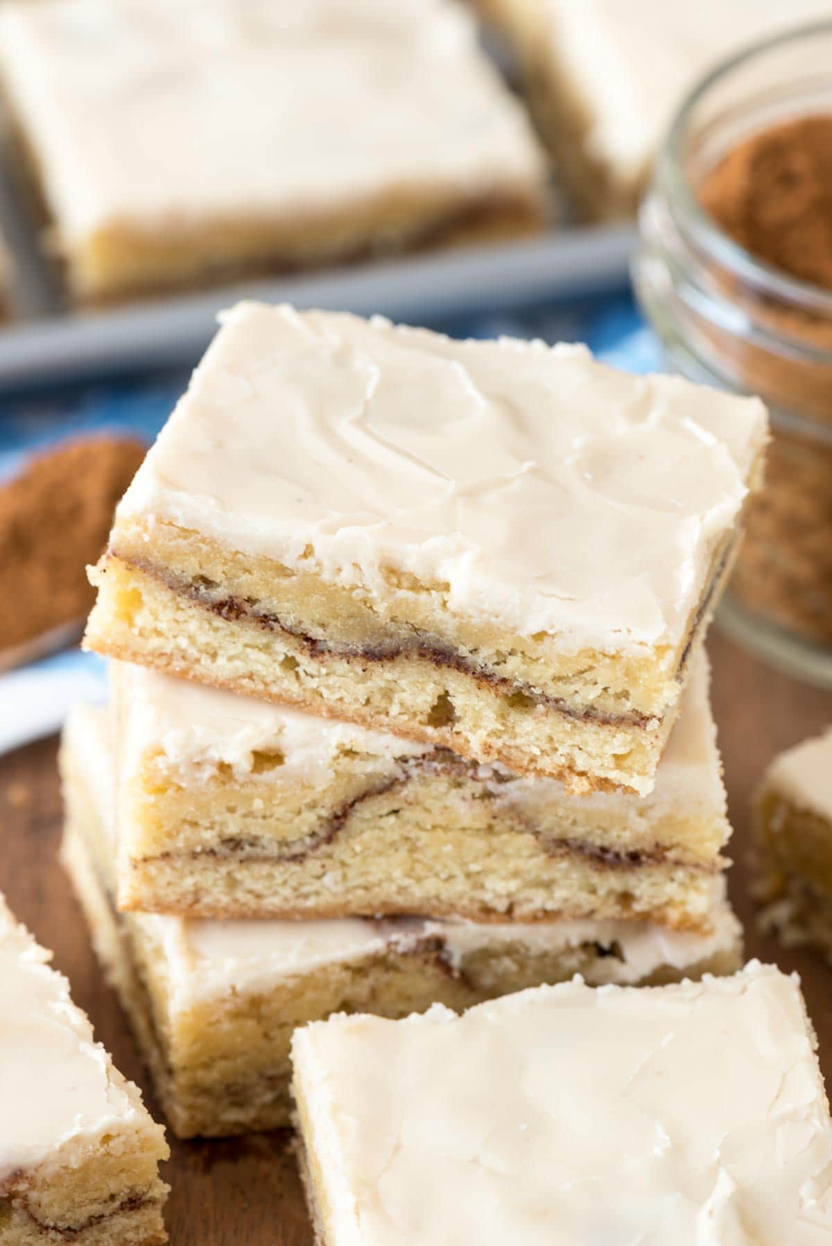 stack of snickerdoodle bars on cutting board