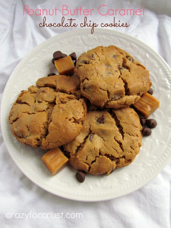 peanut butter caramel chocolate chip cookies | www.crazyforcrust.com peanut butter caramel chocolate chip cookies on white plate