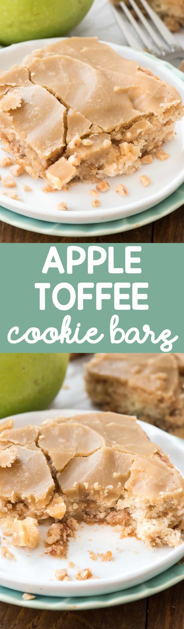 Apple Toffee Bars on a white plate with cracked caramel frosting and fork behind collage with words 
