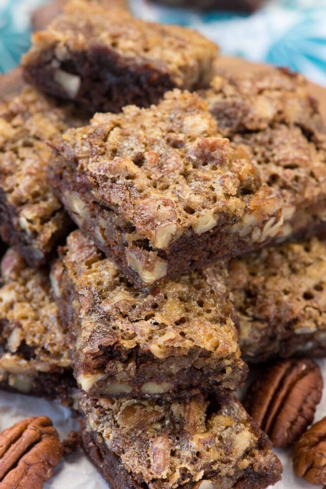Pecan Pie Brownies Recipe stack on a plate
