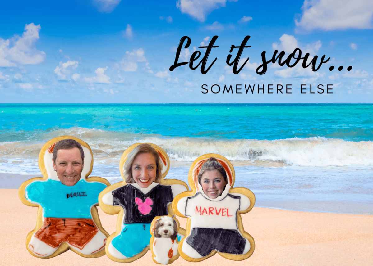 christmas card with sugar cookie people on beach
