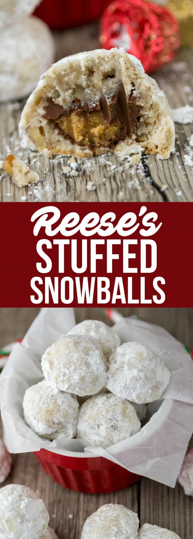 Collage of Reese's Stuffed Snowballs
