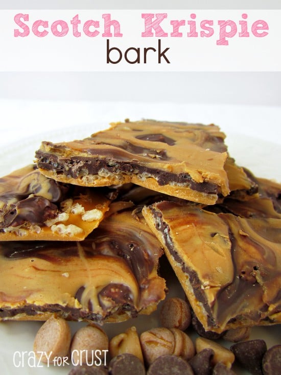 scotch krispie bark on white plate with words