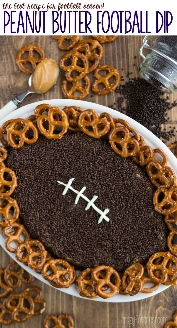 overhead shot of peanut butter football dip with words