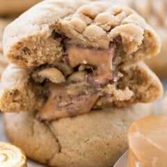 Rolo Stuffed Peanut Butter Cookies in a stack with caramel oozing out