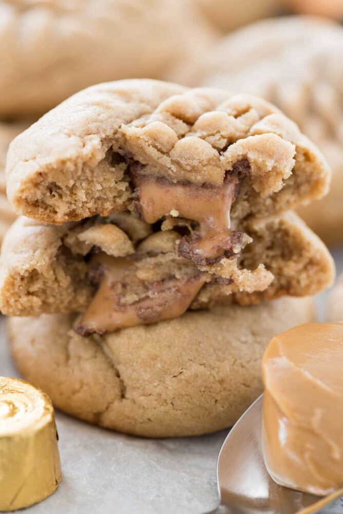 Rolo stuffed peanut butter cookie cut in half.