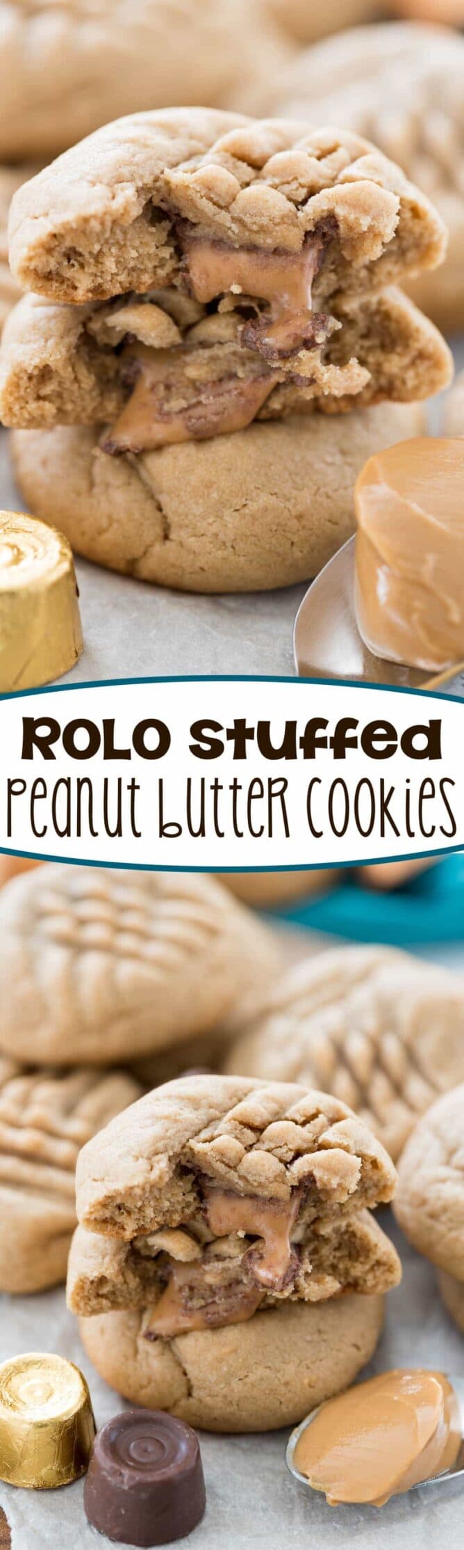 Rolo Stuffed Peanut Butter Cookies in a stack with caramel oozing out collage photo