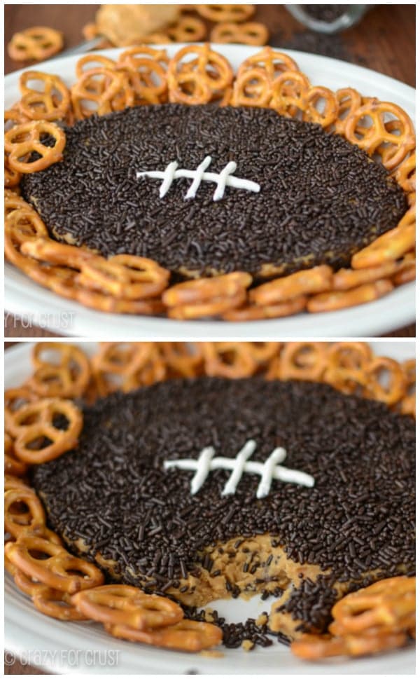 2 photo collage of peanut butter football dip on white plate with pretzels and one bite missing from bottom photo