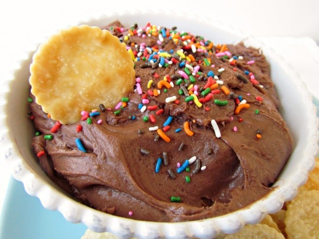 Devils food cake batter dip in a white bowl with title