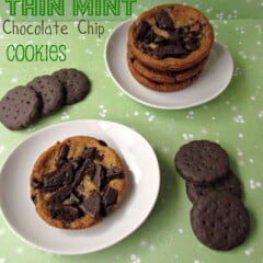 chocolate chip cookies with thin mint cookie chunks on top on white plate with thin mint cookies around on green paper
