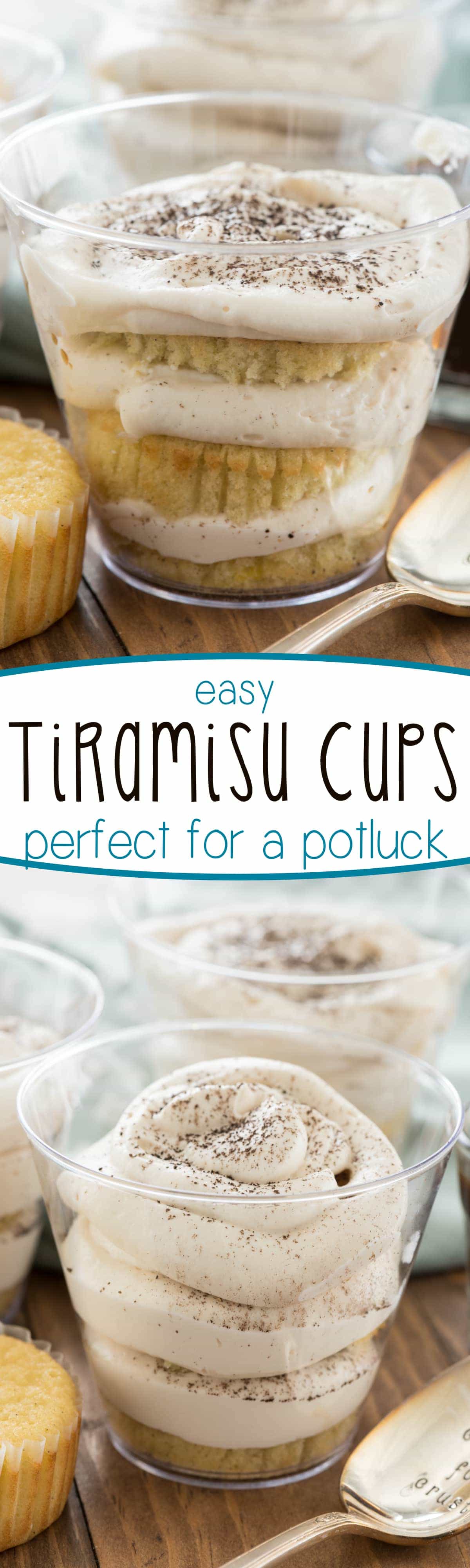 Easy Tiramisu Cups - they're perfect for a potluck! This simple tiramisu recipe uses easy to find ingredients and is packed to go in plastic cups. Genius!