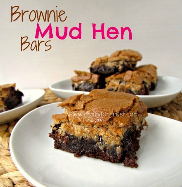 Brownie Mud Hen Bars on a white plate with title