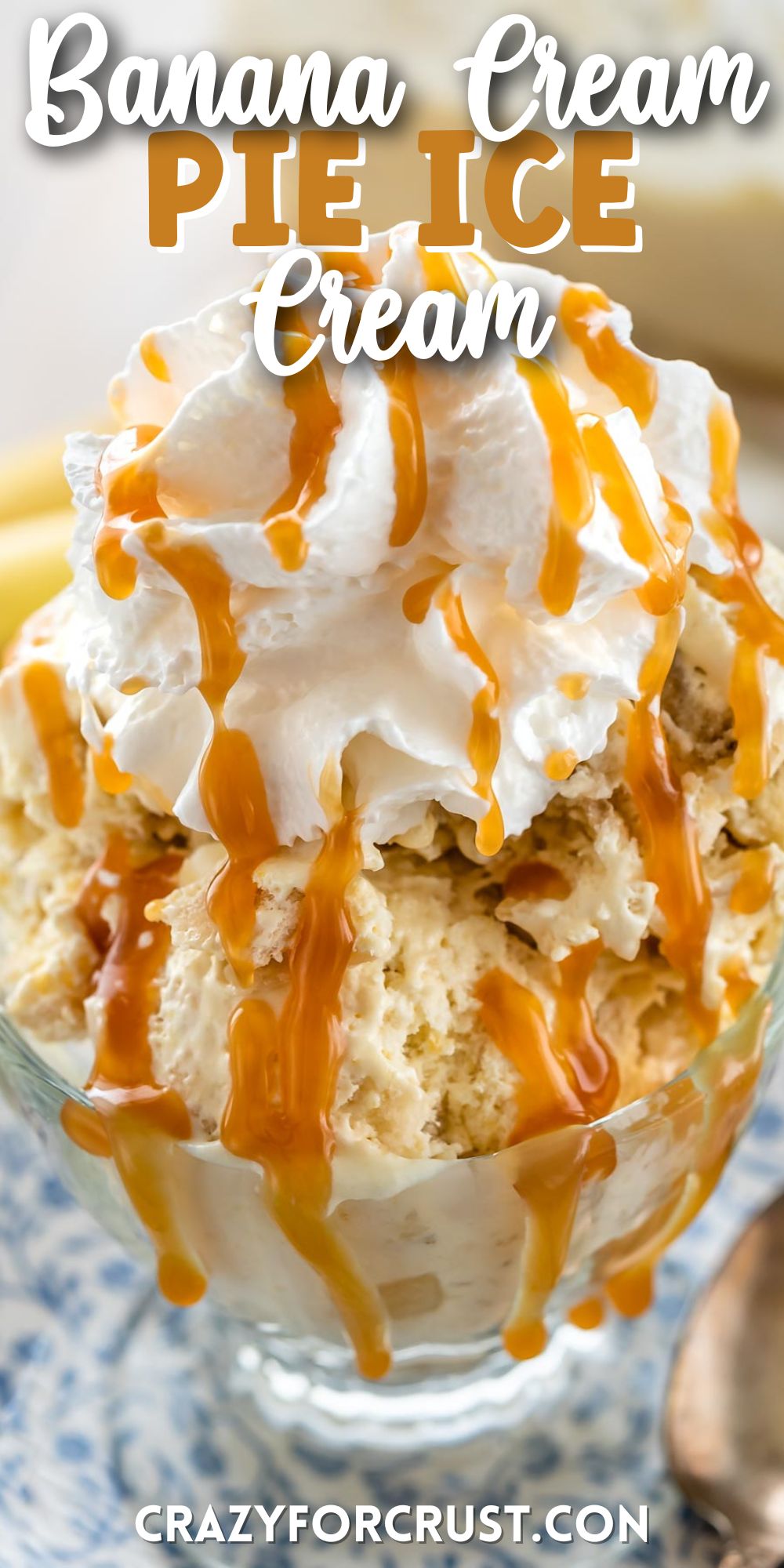 ice cream in dish with caramel and whipped cream