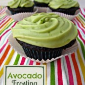 Avocado Frosting on four cupcakes, graphic title on the bottom left.