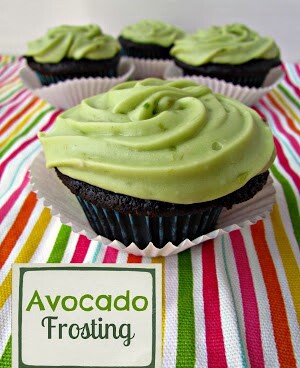 Avocado Frosting on four cupcakes, graphic title on the bottom left.