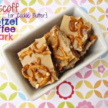 biscoff pretzel toffee bark overhead photo in white dish