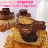Chocolate Cake Ball Stuffed Peanut Butter Cupcakes with title
