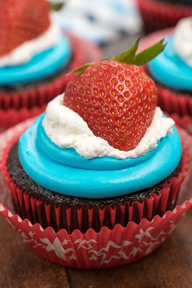 close up of red white and blue cupcake top