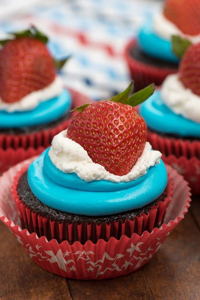 red white and blue cupcake top on chocolate cupcake