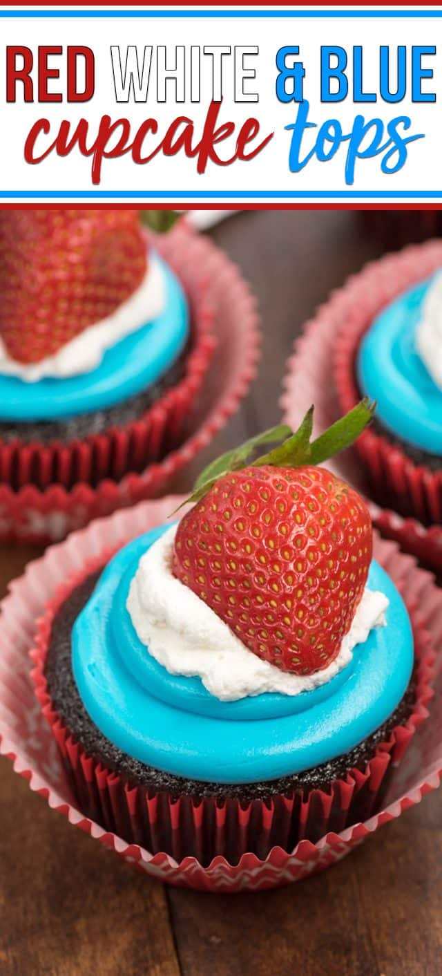 chocolate cupcake in red liner with red white and blue cupcake top