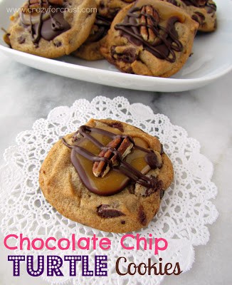 chocolate chip turtle cookies on white doily with title